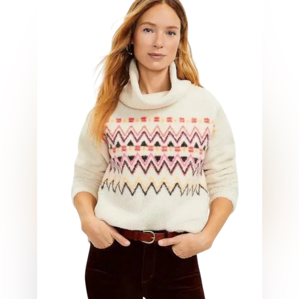 Women’s The‎ Loft Sherpa Mock Neck Fair Isle Scandi Sweater Size XL Aztec Cream